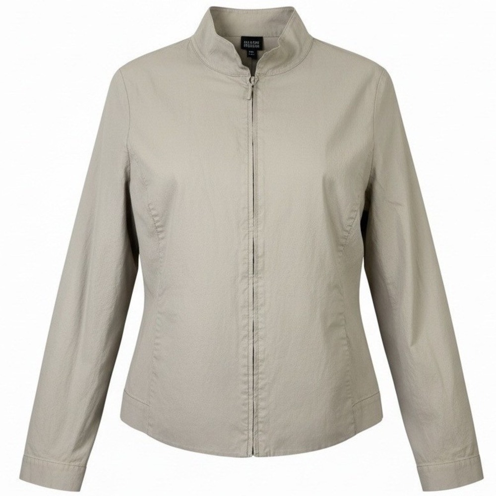 Eileen Fisher Zip Front Jacket L Mock Neck Taupe Stretch Cotton Minimalist